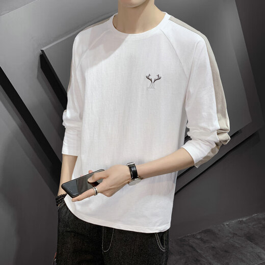 Pishibao full cotton men's long-sleeved T-shirt 2025 spring and autumn new tops trendy loose summer thin inner bottom shirt DS692 apricot color L weight recommendation 105-120Jin [Jin equals 0.5 kg]