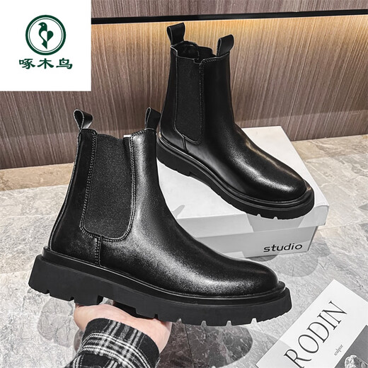 Woodpecker Spring 2025 New Martin Boots Men's Chelsea Boots Thick Sole High Top British Work Boots Men's Shoes Trendy Spring and Autumn Black 39