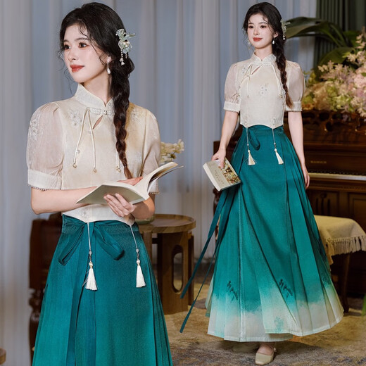Le nouveau rétro chinois de Baihuizi, en ligne à manches courtes à manches courtes à manches courtes à manches courtes à manches chinoises à manches chinoises à manches chinoises, à la jupe à face à cheval 2418 Couleur d'abricot + 2319 Green + 12187 Blanc M M