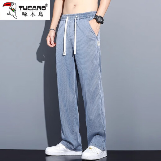 Woodpecker Jeans Men's 2025 Spring and Autumn New Loose Straight Ice Wire Wide Legs Men's Casual and Evergrande Casual Pants Men 1048 Light Blue L Recommended 105-120Jin [Jin equals 0.5 kg]