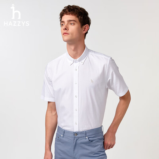 哈吉斯（HAZZYS）男装 2025夏季休闲小狗Logo牛津纺宽松短袖衬衫男ATCZK1CBX99