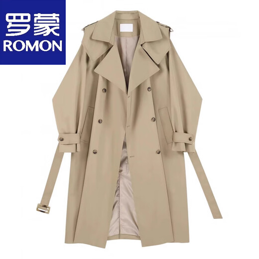 Romon Double Breasted Trench Coat Jacket Men's Spring Autumn and Winter British Style Handsome Coat Mid-Length Cloak Fashionable Black Cotton Thickened XL 136-155