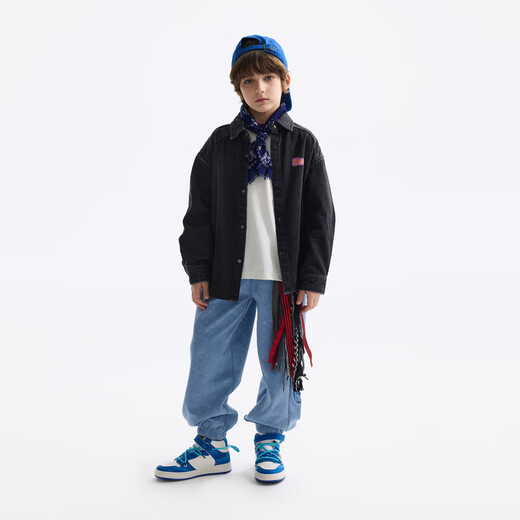 MQD MQD children's clothing children's shirt spring new lapel long-sleeved washed denim shirt fashion printed top carbon black 140