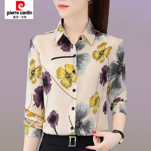 皮尔卡丹（pierre cardin）印花衬衫女长袖春秋装新款洋气雪纺衬衣中妈妈减龄百搭洋气上衣 LRJ 3519 大红 M (建议90-100斤)