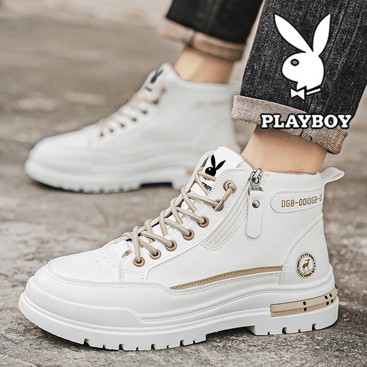 Playboy (PLAYBOY) men's shoes high top spring and summer new 2025 casual retro thick sole height-enhancing breathable trendy leather shoes men's Martin boots white brown 844 42