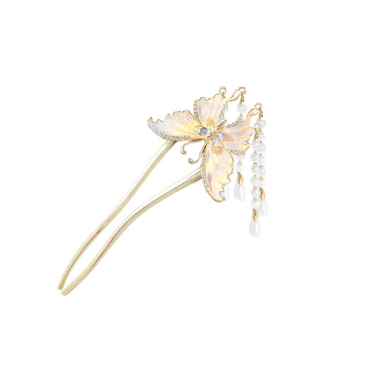 Nianfu New Chinese Style Butterfly Pearl Hairpin for Women Ancient Style Tassel Temperament U-shaped Hairpin Mid-Autumn Festival Gift for Girls White Butterfly Two-Tooth Hairpin