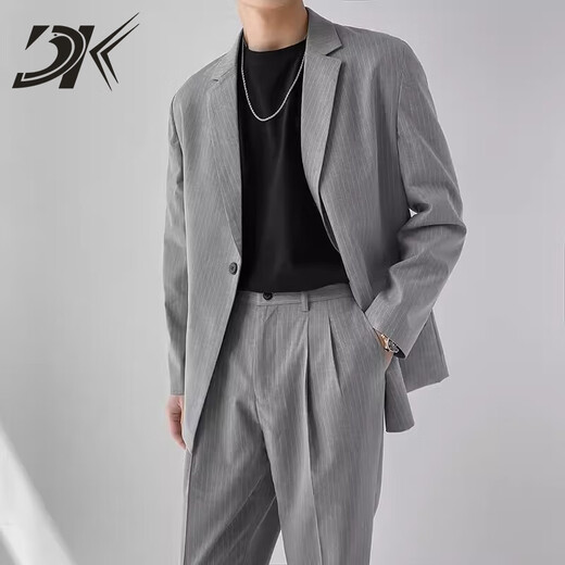 DK brand suit suit men's loose small suit jacket high-end autumn light mature style casual Korean style versatile set light gray stripes (top + pants) S