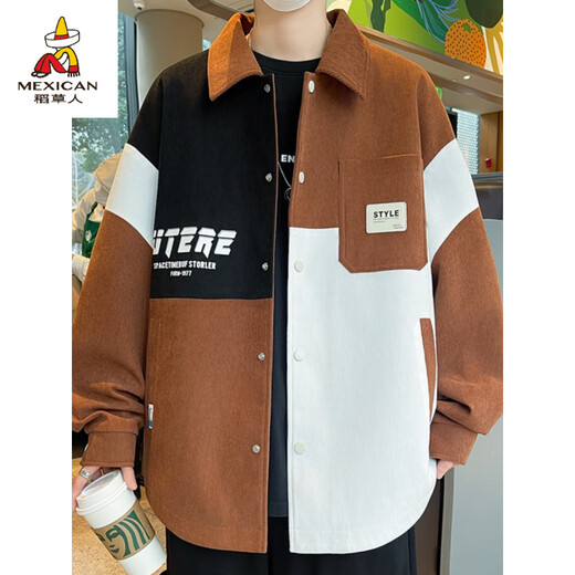 Scarecrow (mexicano) primavera y otoño de moda grasa de contraste Color empalmado chaqueta de camisa de moda de los hombres más grasa más gran tamaño chaqueta casual suelta d687-rosa m recomendado 85-110jin [Jin equivale a 0.5 kg]