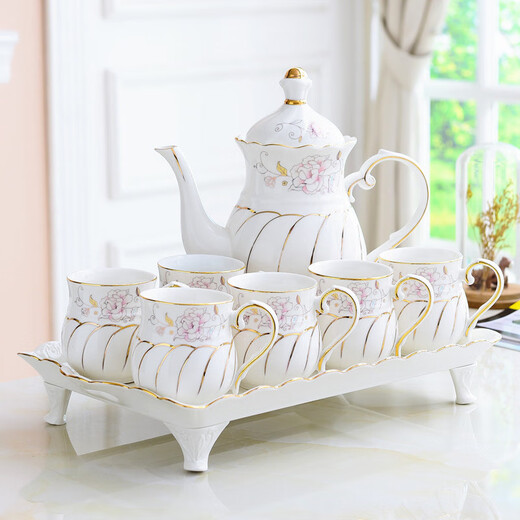Jingdezhen high-end European water cup set, ceramic living room cup, family light luxury teapot, tea set, tea cup, household cup set, gold and jade brocade with 4 feet and 6 lids