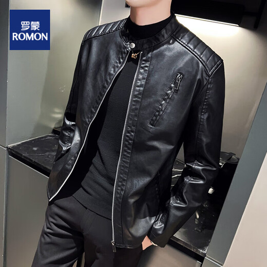 ROMON Leather Jacket Men's Jacket Men's Spring and Autumn 2025 New Clothes Casual Handsome Leather Jacket Men's Black XL (120-140Jin[Jin equals 0.5 kg])