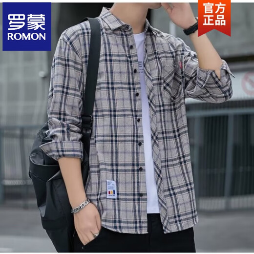 ROMON plaid casual shirt men's spring and autumn long-sleeved shirt Korean top retro loose summer thin jacket K12109 green (with fleece XL 125-145Jin [Jin equals 0.5 kg]