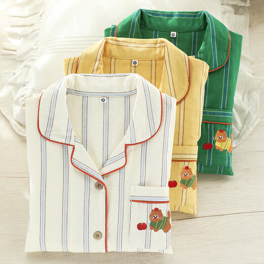 Miandao couple pajamas spring and summer pure cotton gauze long-sleeved suit simple striped men and women can wear outside home clothes yellow strip (women's style) L