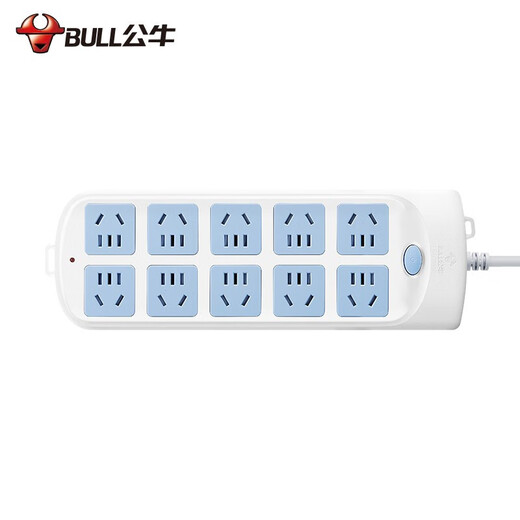 Bull (BULL) corded double-row socket, multi-hole power strip, extension cord power strip, household power strip with overload protection, automatic power-off strip, drag strip computer inspection, extra long 10 meters with overload protection, 10 five-hole plug strip, official genuine total control 2500W fire retardant model