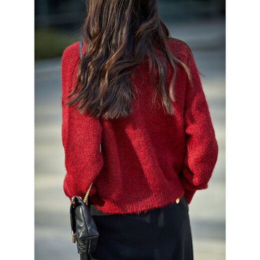 Demana sheep wool soft and waxy thickened sweater, lazy style red sweater, bright red M