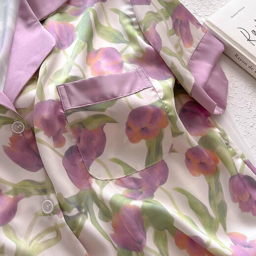 Xuan Mulin Tulip Pyjamas für Frauen im Sommer Dünneis Seiden kurzärmelige Damen große Heimkleidung SDX#9902 Grüne Tulpen kurzärmelige Shorts M 75-95jin [Jin gleich 0,5 kg]