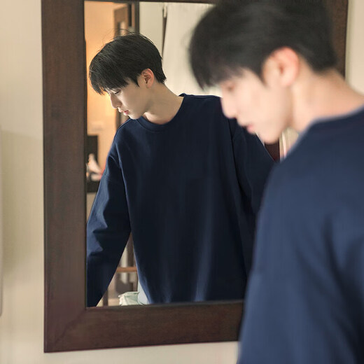 NYING American heavyweight pure cotton right shoulder long-sleeved T-shirt for men 25 spring and autumn new trendy casual large size loose top black XL (125-145Jin Jin equals 0.5 kg)