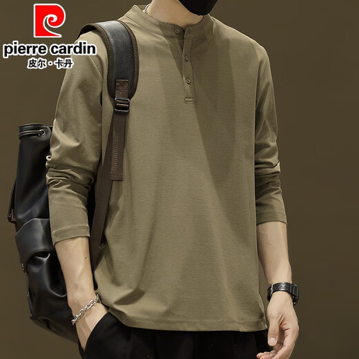 Pierre Cardin Casual Stand Collar Long Sleeve T-Shirt Men's Spring Thin Tops Plus Velvet Casual Henley Collar Polo Bottoming Shirt 56119 Brown Style Regular 2XL About 140-155Jin Jin is equal to 0.5 kg