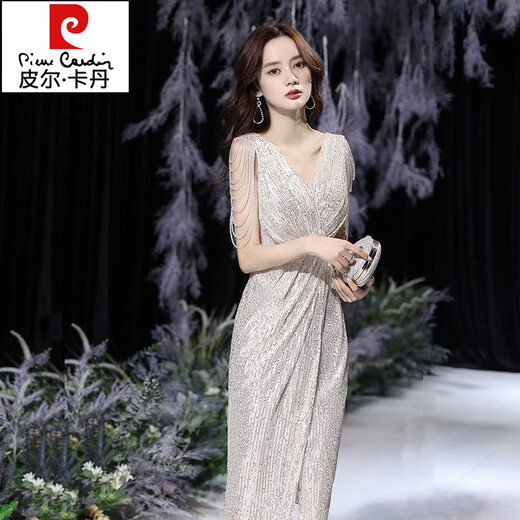 皮尔卡丹（pierre cardin）2025春季新款香槟色小晚礼服裙名媛气质宴会主持人连衣裙平时可穿 浅香槟色 XL