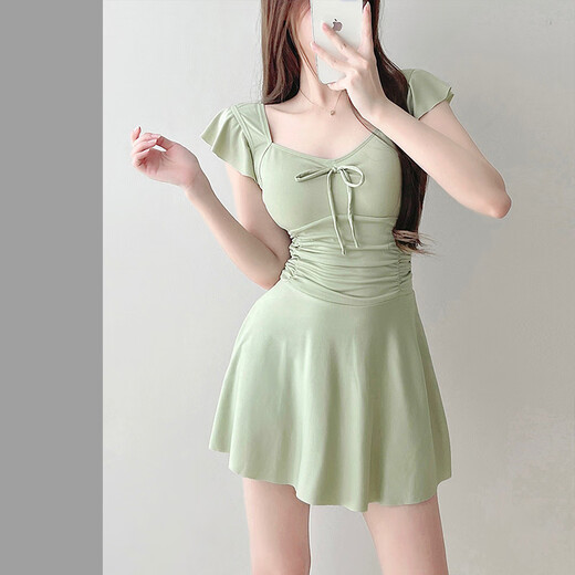 Shiguangli swimsuit women's 2025 new one-piece conservative skirt avocado green student high-end belly-covering slimming hot spring swimsuit green one size fits all recommended 80-115 Jin Jin equals 0.5 kg