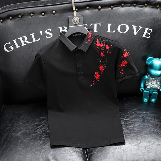 Yihaofeng trendy Chinese style fashion plum blossom embroidered polo shirt men's short-sleeved 2024 summer new style lapel versatile T-shirt trend black L recommended 100-120Jin Jin equals 0.5 kg