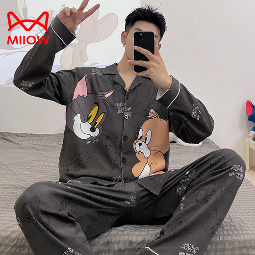 Cat Man (Miiow) Pajamás de algodón puro Spring y Autumn Adolescente Cartoon Estudiante Cardigan Gran tamaño Manga de manga larga Manga Home Clothing 9902 (Cárdigan de manga larga) M
