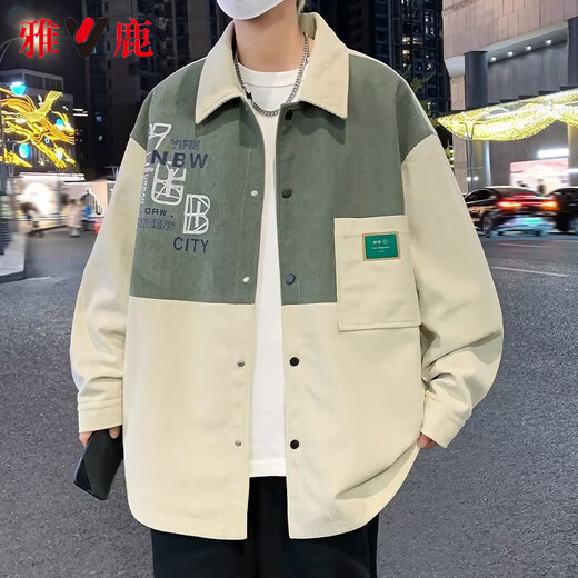 雅鹿春季外套男潮流港风夹克男装衬衫街头休闲上衣衣服春秋款男士外衣 D687杏色 常规 7XL （推荐220-265斤）