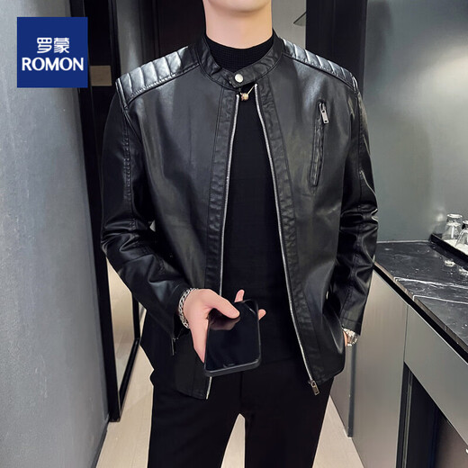 ROMON Leather Jacket Men's Jacket Men's Spring and Autumn 2025 New Clothes Casual Handsome Leather Jacket Men's Black XL (120-140Jin[Jin equals 0.5 kg])