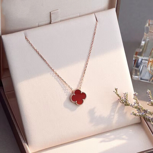 Lucky red four-leaf clover necklace 18k rose gold double-sided clavicle pendant bracelet light luxury internet celebrity same style female trend rose gold good luck necklace