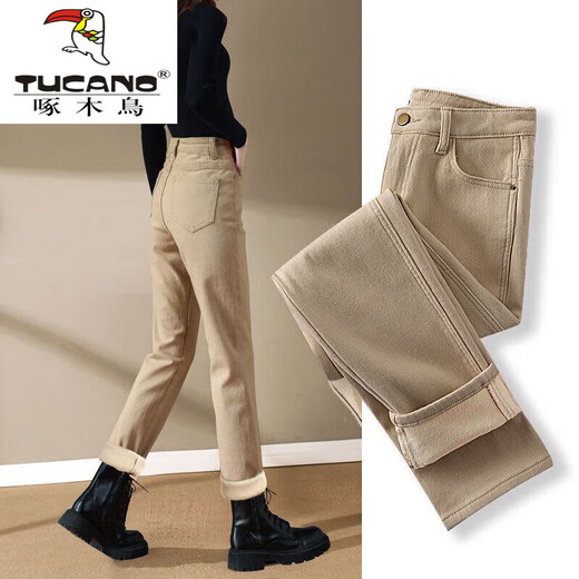 Woodpecker (TUCANO) plus velvet jeans for women wearing winter 2025 new straight wide-leg khaki cotton pants thickened cigarette pants for women khaki one buckle [plug plus velvet thickened] 13588 27 (96 to 105 Jin [Jin equals 0.5 kg])