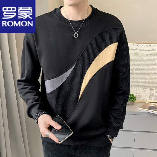 罗蒙（ROMON）长袖t恤男春秋冬季新款卫衣加绒保暖休闲宽松百搭套头圆领打底衫 7371白色 L 【111-125斤】