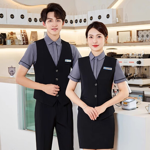 Punizi Hotel KTV Work Clothes Vest Set Catering Western Restaurant Hotel Hot Pot Restaurant Cashier Female Waiter Uniform Male (Male) Gray Shirt + Black Vest XL