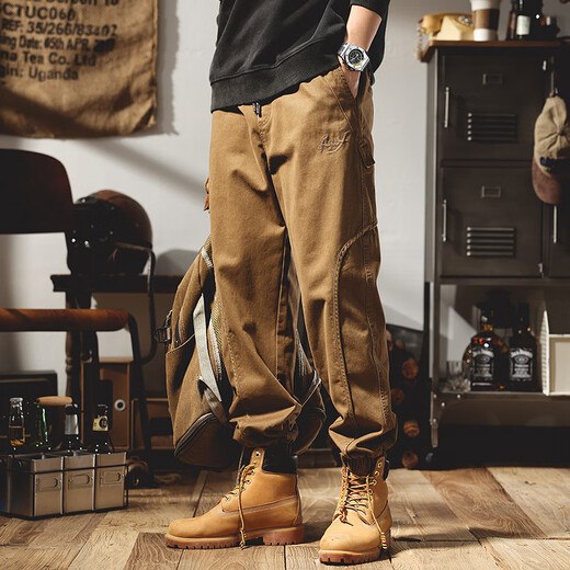 Romon American heavyweight work pants for men Spring and Autumn Loose Fashion Brand Embroidered Legs Pants for men Slimming and Handsome Casual Pants for men 2505 Caramel Regular L (suitable for 135-155Jin [Jin equals 0.5 kg])