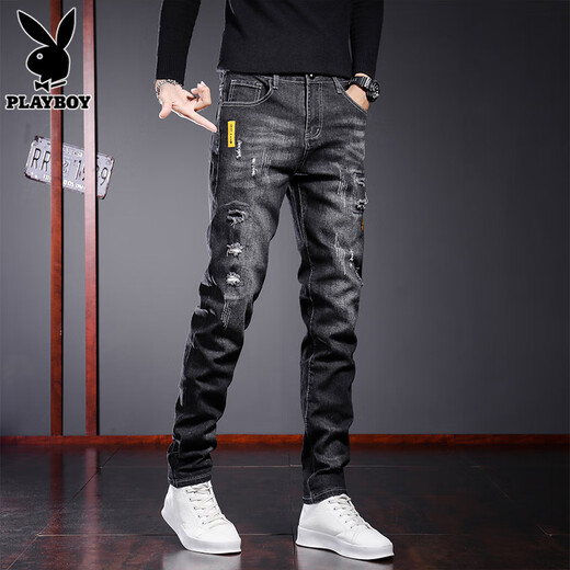 Playboy (PLAYBOY) jeans men's elastic slim fit small-foot trousers 2025 spring and autumn new youth casual ripped pants men's trousers 6636 black 31 121-130Jin Jin equals 0.5 kg