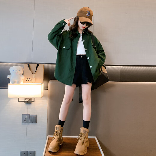 迪士尼女童衬衫外套秋装薄2025新款儿童女孩棉长袖衬衣大童装上衣外穿 绿色 170 cm
