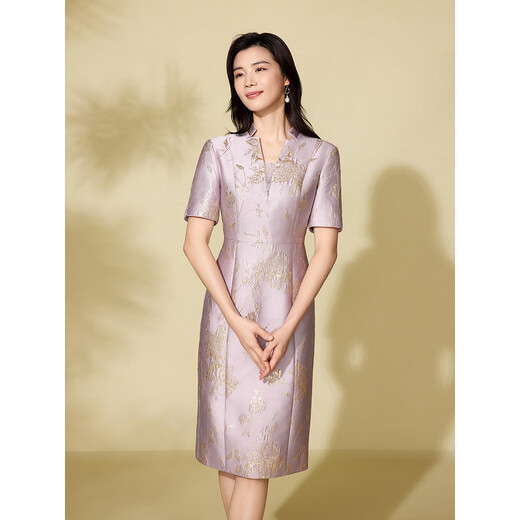 粉蓝衣橱2025夏装新款双色金丝提花改良V领喜婆婆轻礼服连衣裙女552L686 云雾紫 XL