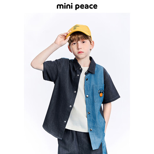 MiniPeace Sesame Street co-branded Peacebird children's clothing boys' comfortable denim shirt jacket short-sleeved summer dress denim dark blue 140