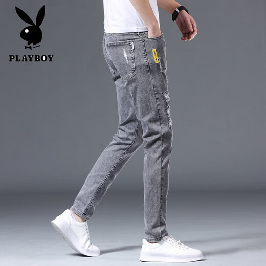 花花公子（PLAYBOY）2025新款男士牛仔裤修身小脚裤子男弹力韩版潮流休闲百搭牛仔长裤 灰色6636 36 (2尺9)