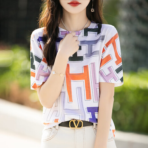 HMRSV桑蚕丝短袖T恤女2025夏季新款休闲时尚设计感凉感马家印花上衣潮 H字母印花854 L