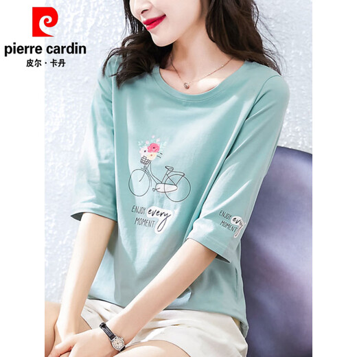 皮尔卡丹（pierre cardin）2025新款春秋纯·棉七分袖t恤女士中袖宽松设计感青春短袖夏季上 W6172冰蓝 中袖 M (建议80-105斤)