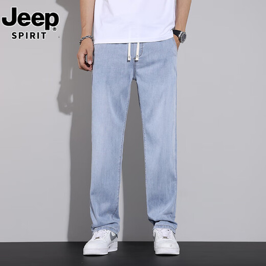 JEEP SPIRIT天丝牛仔裤男2025新薄款宽松莱赛尔松紧腰裤子男夏季男裤直筒长裤 970浅蓝色 XL 体重130-150斤