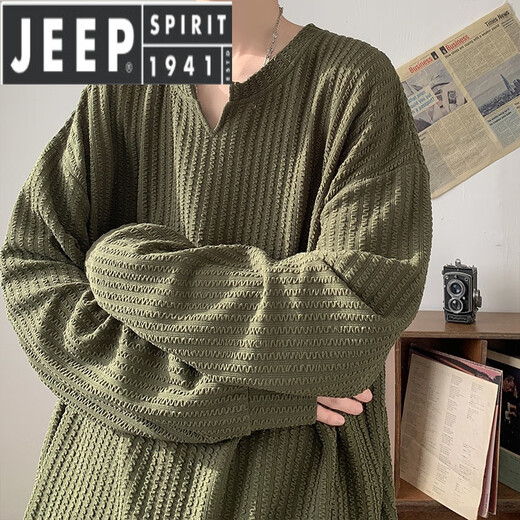 JEEP SPIRIT light luxury white striped collar long-sleeved shirt men's heavy loose American Henry collar bottoming shirt white M