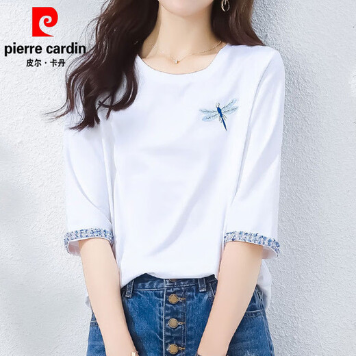 皮尔卡丹（pierre cardin）纯·棉中袖t恤女士宽松短袖半袖春秋装2025新款七分袖夏季上衣 W6172冰蓝+1XS328白色 M