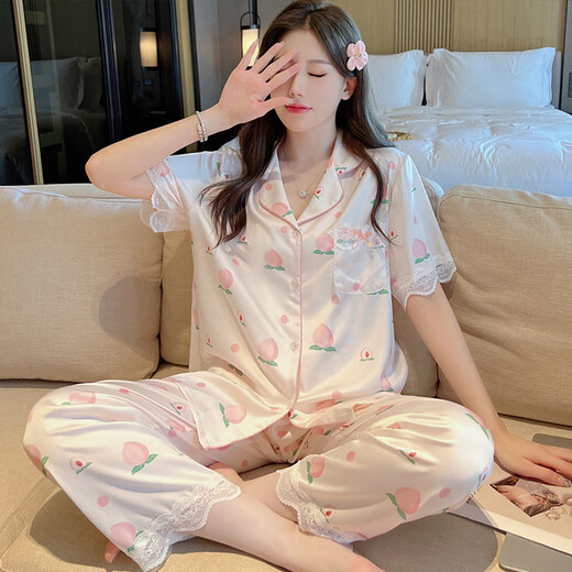 Sondr Ice Silk Pajama для женщин в летних брюках с короткими рукавами в стиле знаменитости 2023 Новая весна и лето тонкая домашняя одежда FS-9905 Peach [короткие рукавы + брюки] M [Подходит для 75-95Jin [Jin Equals 0,5 кг]]]