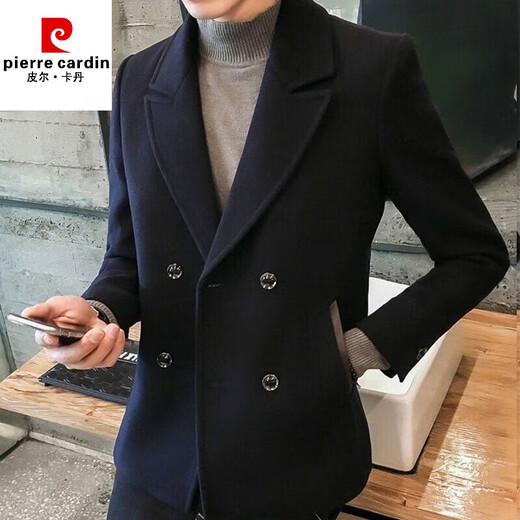 皮尔卡丹（pierre cardin）男装风衣短款秋冬季加厚修身潮流羊毛呢外套男英伦风羊毛大衣 深蓝色 M 建议95-115斤