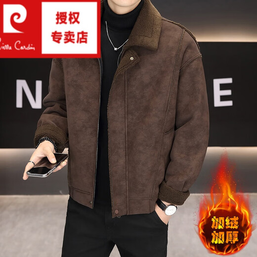 Pierre Cardin fur integrated men's winter velvet thickened deerskin lapel jacket warm cotton jacket trendy brown 3XL