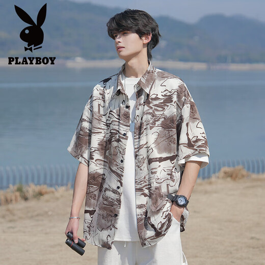 Playboy (Playboy) Trate de protection solaire à tir-dye à manches courtes pour hommes Spring and Summer Ice Silk Flower Smooth Flower pour hommes de grande taille de plage mince plage pour hommes CD5484-Black XL recommandé 125-145jin [Jin est égal à 0,5 kg]