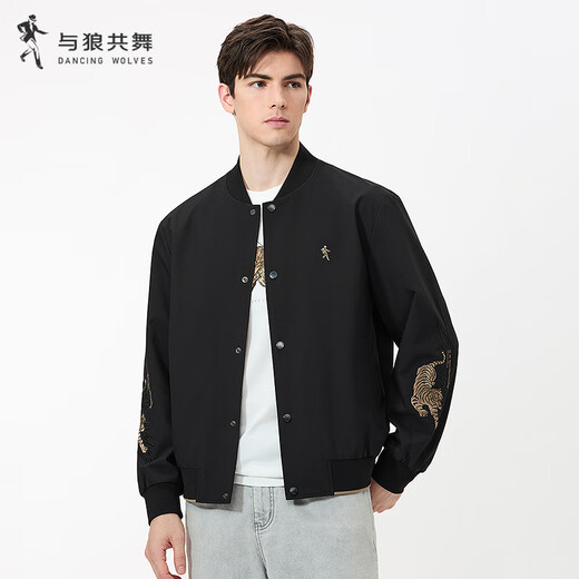 Dances with Wolves Tiger Logo Embroidery Men's Baseball Collar Jacket Easy Care and Versatile Jacket 001 Black L(175)