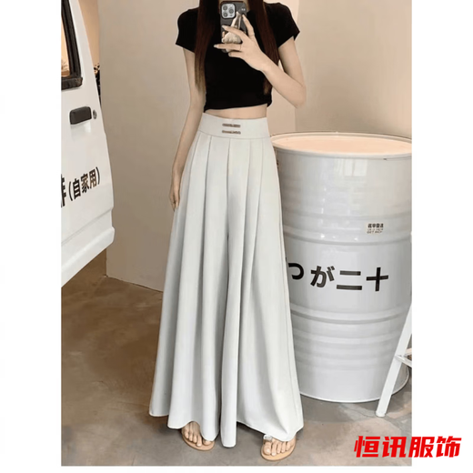 美梵朗夏季百搭外穿高腰雪纺盘扣垂感阔腿垂坠感收腰遮肚长款裙裤子女潮 黑色春夏款阔腿裙裤838 L 建议100-115斤