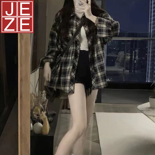 JEZE【棉质材质】韩版藏青色格子衬衫设计感长袖上衣女开衫春薄款宽松 宝蓝色16799-高品质格纹【z】 M