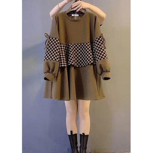 SANGJI (SANGJI) Spring and Autumn Top Splicing Plaid Design Fake Two-Piece Sweatshirt for Women Medium-Length Large Size Two-Piece Set for Pregnant Women Coffee + Adjustable Black Belly Supporting Trousers [Set] XXL [140-170Jin [Jin equals 0.5 kg]]